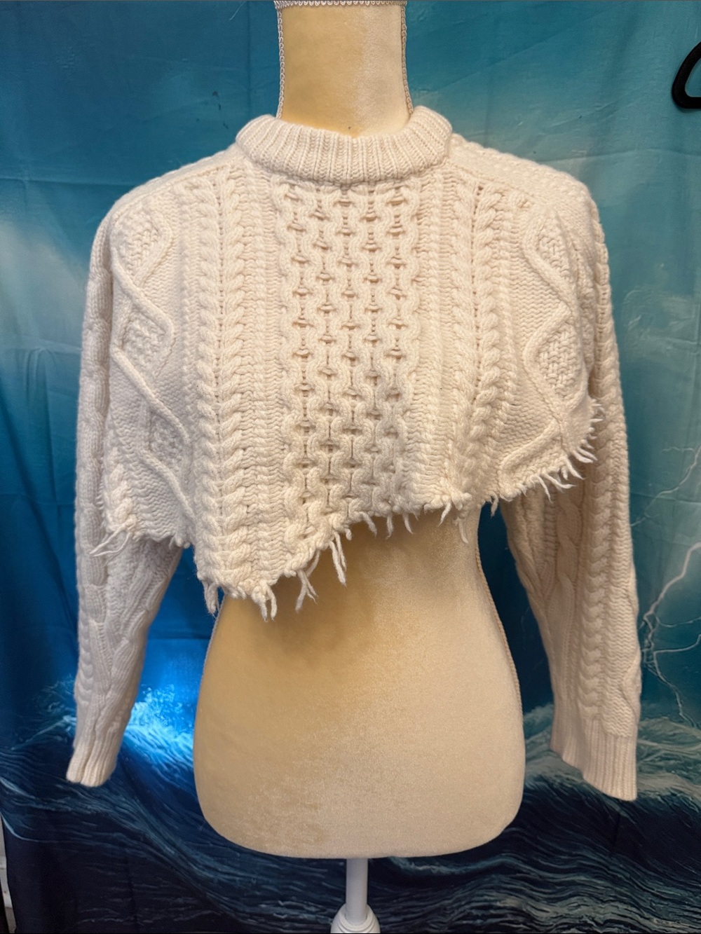 Tibi Cream Cropped Cable-Texture Crewneck Sweater